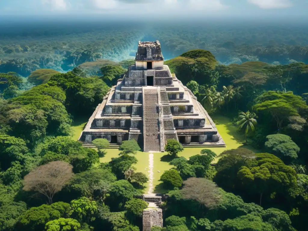 Ruinas mayas envueltas en vegetación verde bajo cielo azul, reflejan el impacto del cambio climático en construcciones antiguas