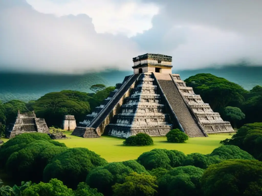 Ruinas mayas erosionadas por efectos cambio climático, entre vegetación exuberante y estructuras antiguas