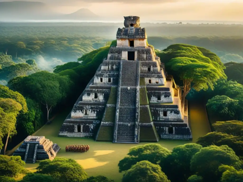 Ruinas mayas con esculturas de batallas, iluminadas por la suave luz dorada del atardecer