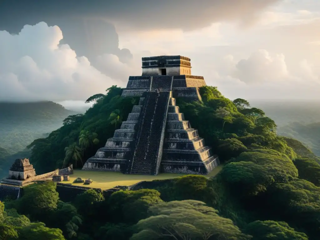 Ruinas mayas estratégicas en la jungla con cielo tormentoso, reflejando las estrategias militares mayas ocaso