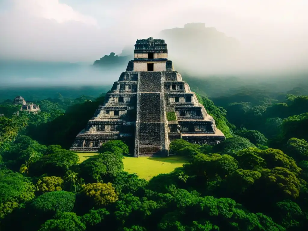 Ruinas mayas emergiendo entre exuberante vegetación, simbolizando la caída de la civilización maya y su impacto en la historia de Mesoamérica