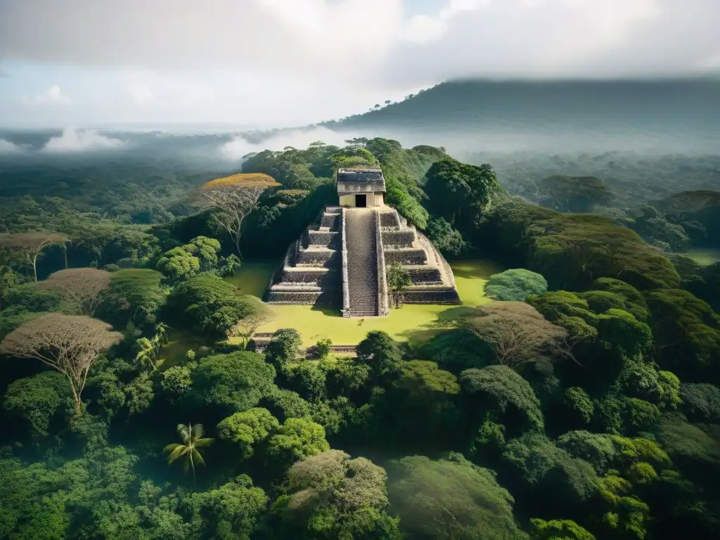 Ruinas mayas entre exuberante selva en Guatemala, resaltando el impacto ambiental de la civilización maya