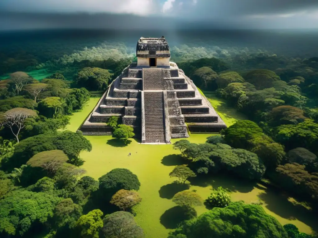 Ruinas mayas entre la exuberante selva, resaltando misterio y grandiosidad