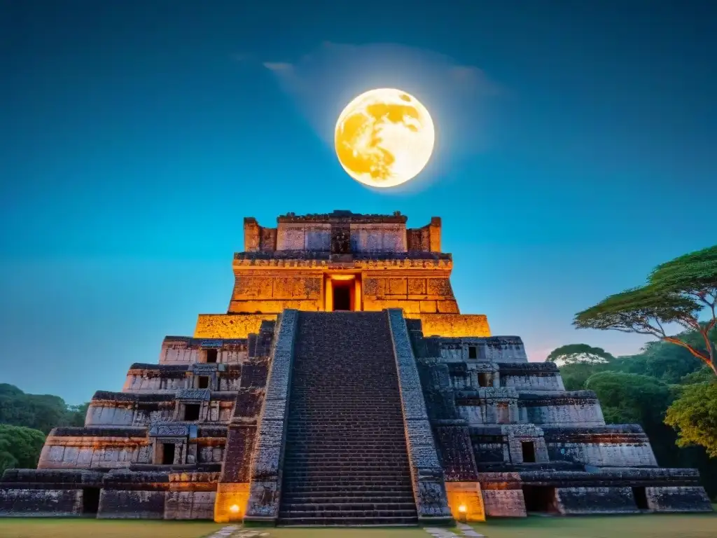 Ruinas mayas iluminadas por eclipse parcial de luna, simbolizando la importancia de los eclipses en el ciclo de vida maya