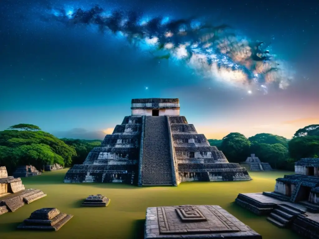 Ruinas Mayas en Uaxactún: Conexión Celestial y Misterio Ruinas mayas de Uaxactún iluminadas por la luna, en armonía con las estrellas