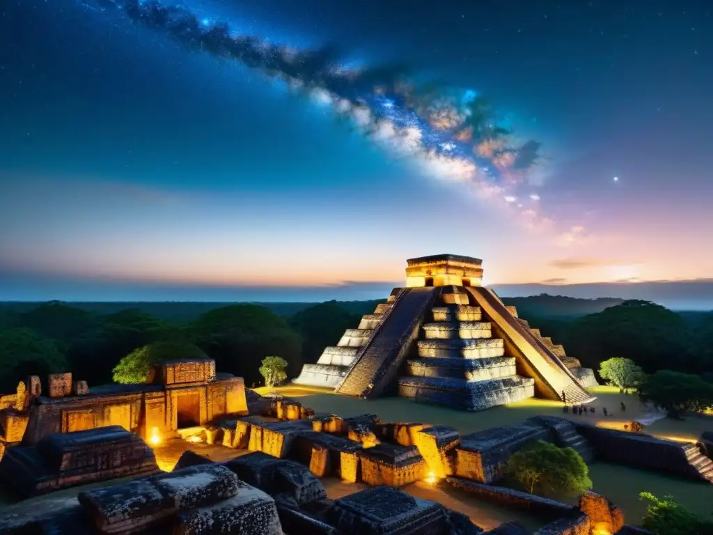 Ruinas mayas iluminadas por la luna, con lluvia de meteoritos