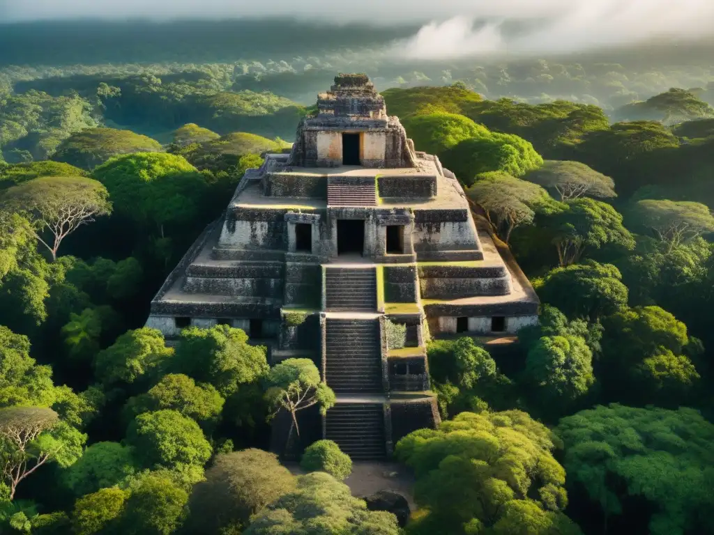 Ruinas mayas impactadas por cambio climático: Detalles de ruinas ancestrales entre exuberante vegetación y juego de luces filtradas