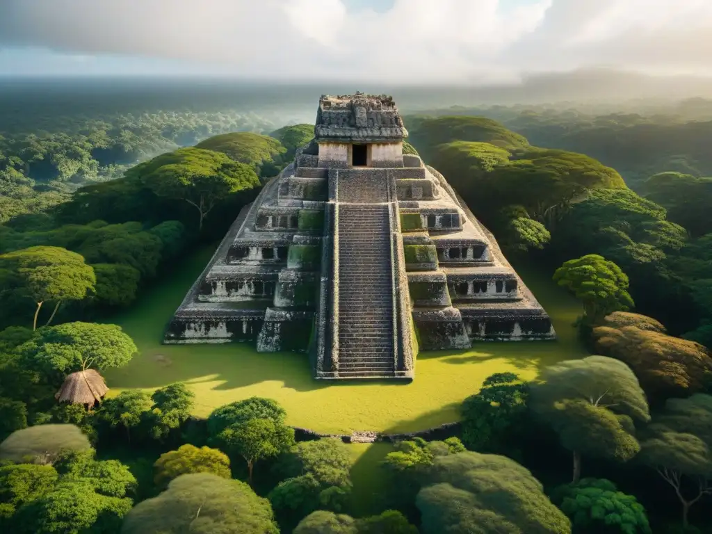 Ruinas Mayas inexploradas emergen entre densa vegetación, enigmáticas sombras y luz filtrada por el dosel