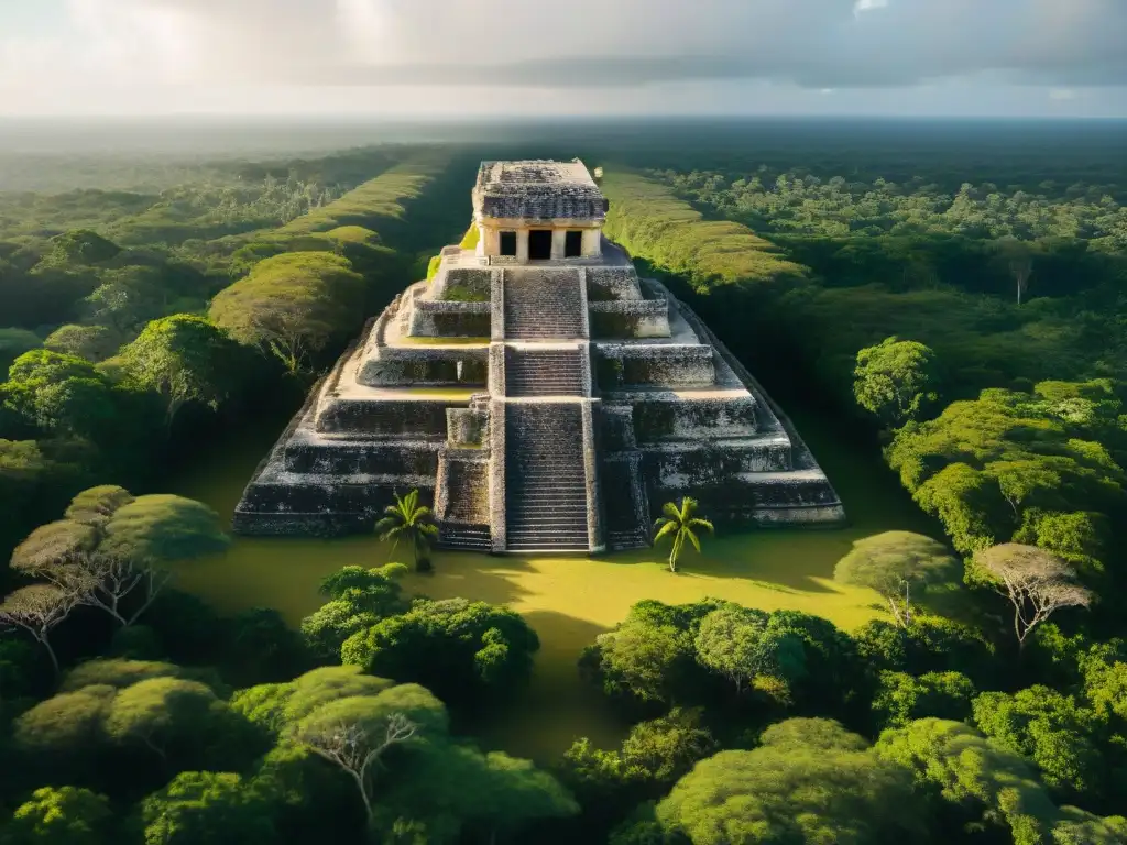 Ruinas Mayas inexploradas emergen de la selva densa, iluminadas por rayos de sol