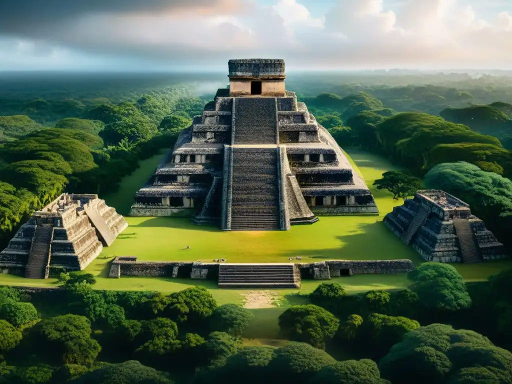 Ruinas mayas invadidas por vegetación, templos y pirámides en distintos estados de conservación