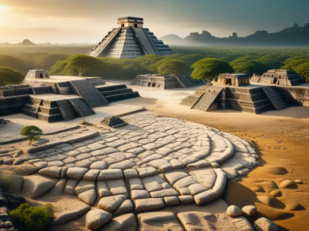 Ruinas mayas en un lecho de río seco bajo el sol abrasador, simbolizando la escasez de agua en mayas