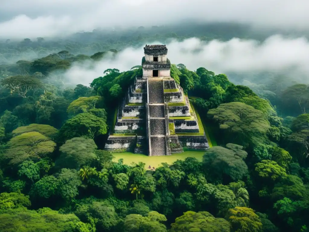 Ruinas Mayas en la niebla entre exuberante selva, evocando la grandeza de la civilización en declive ante el cambio climático