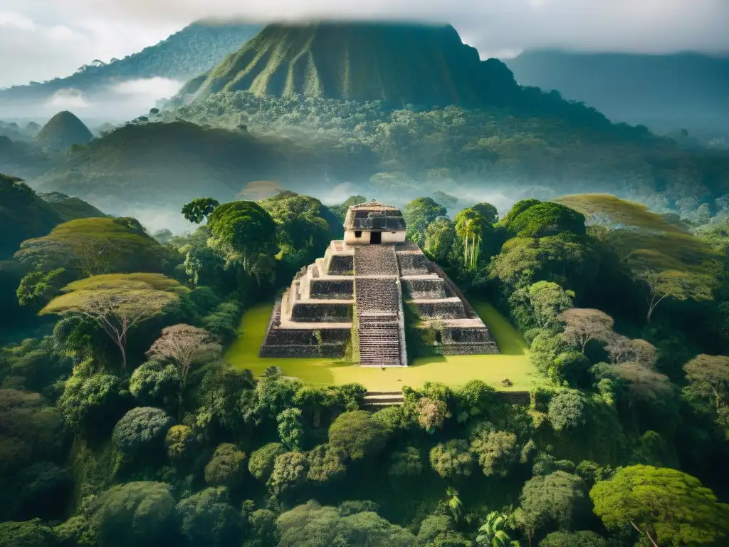 Ruinas mayas ocultas en exuberante jungla de Guatemala, ilustrando las Aplicaciones de Big Data en arqueología maya