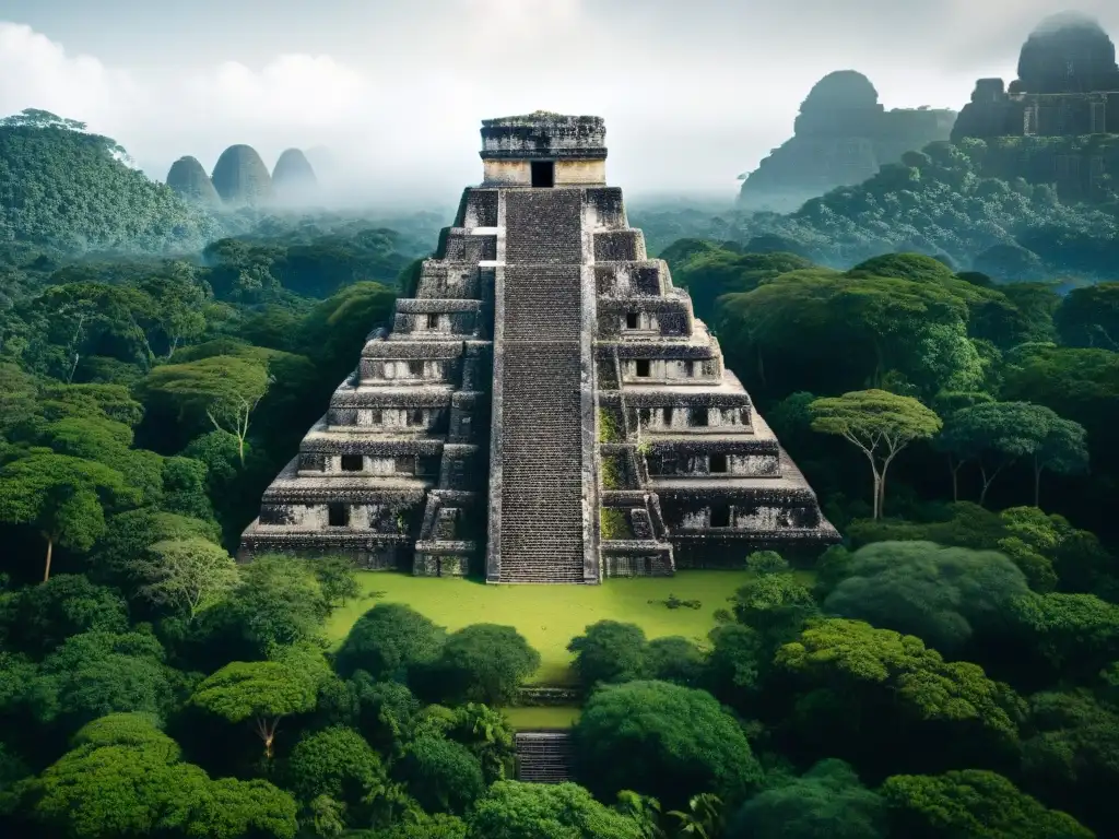 Ruinas mayas ocultas en la selva reveladas por tecnología LIDAR, mostrando templos y pirámides entre vegetación exuberante