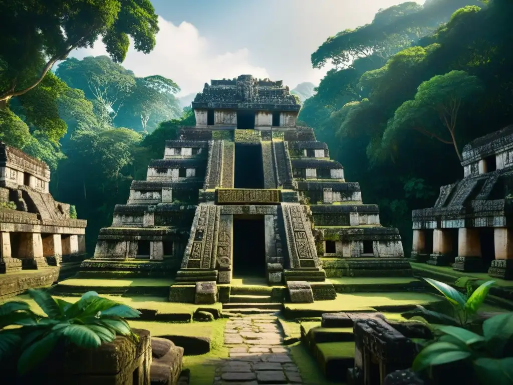 Ruinas mayas ocultas en selva con intrincadas tallas de piedra y misteriosas hieroglíficos, bañadas por la luz del sol entre la exuberante vegetación