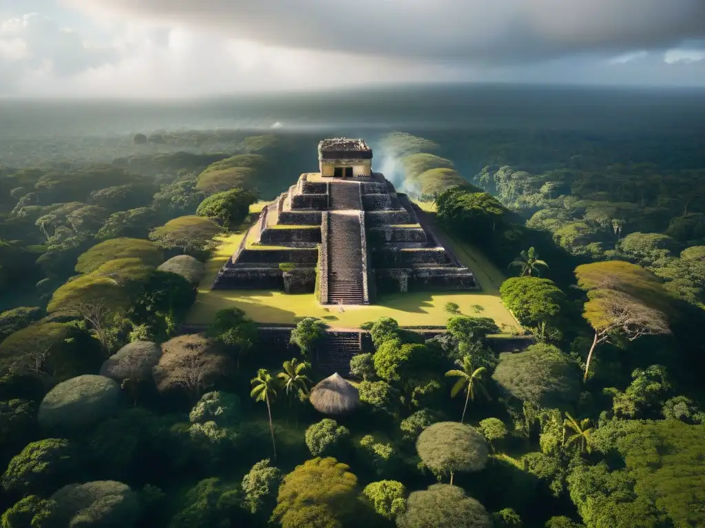 Ruinas ancestrales: majestuosas pirámides mayas entre la selva Ruinas mayas perdidas emergen en la densa selva, revelando la grandiosidad de una antigua ciudad