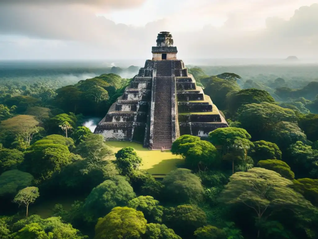 Ruinas mayas rodeadas de exuberante selva, destacando su grandiosidad arquitectónica en contraste con la naturaleza vibrante