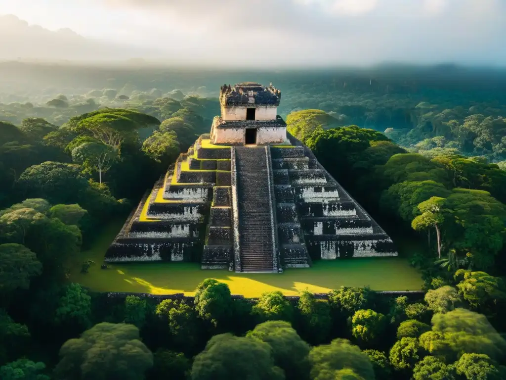 Ruinas mayas rodeadas de exuberante selva, iluminadas por el sol entre el dosel