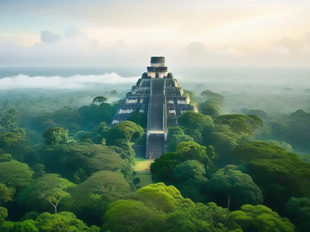 Explora Tikal al amanecer: ruinas mayas entre la selva, arqueólogos excavando