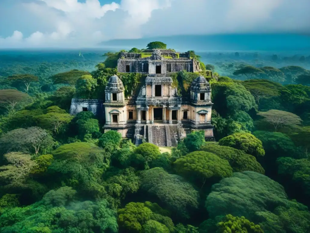 Ruinas mayas en una selva exuberante, mostrando la cosmovisión maya entre naturaleza y arquitectura, evocando bienestar y sostenibilidad