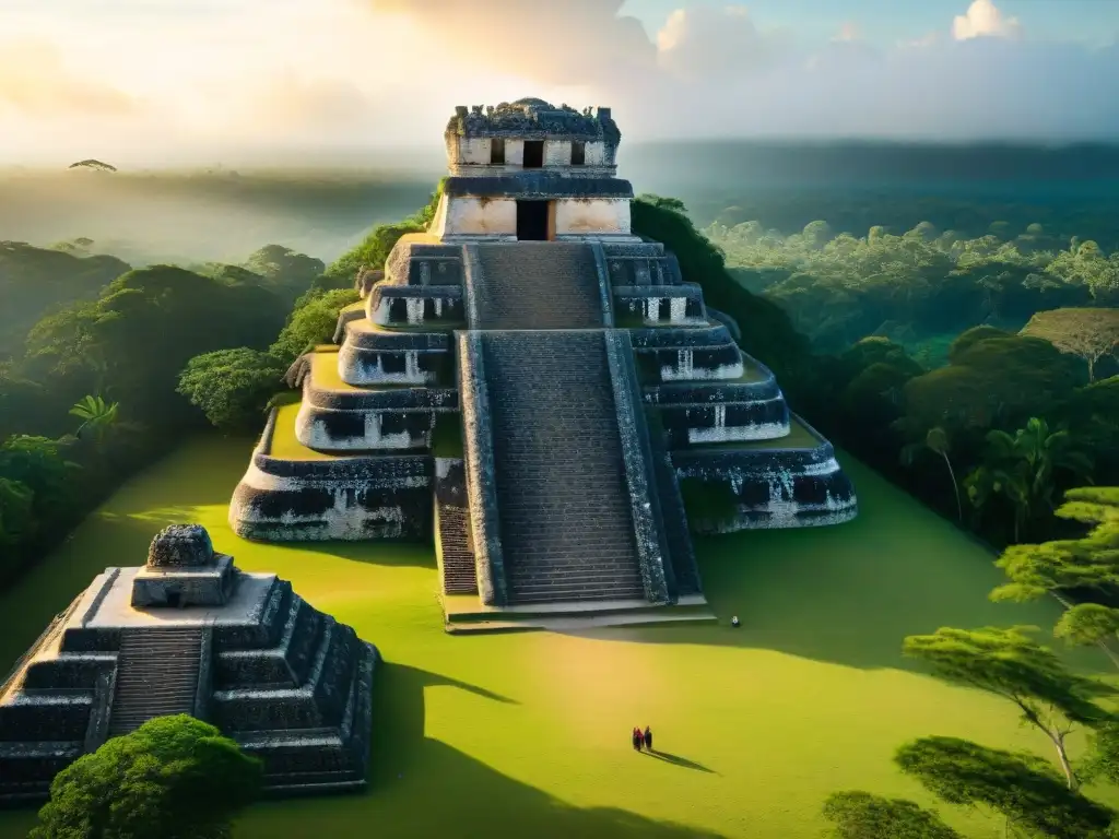 Ruinas mayas de Caracol en Belice durante el solsticio de invierno, mostrando la influencia de la astronomía y la escritura maya