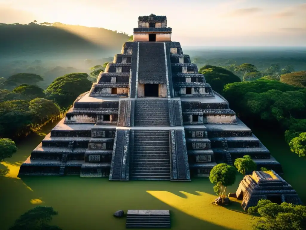 Ruinas mayas al amanecer, con sombras dramáticas que resaltan la Escritura Maya en turismo cultural