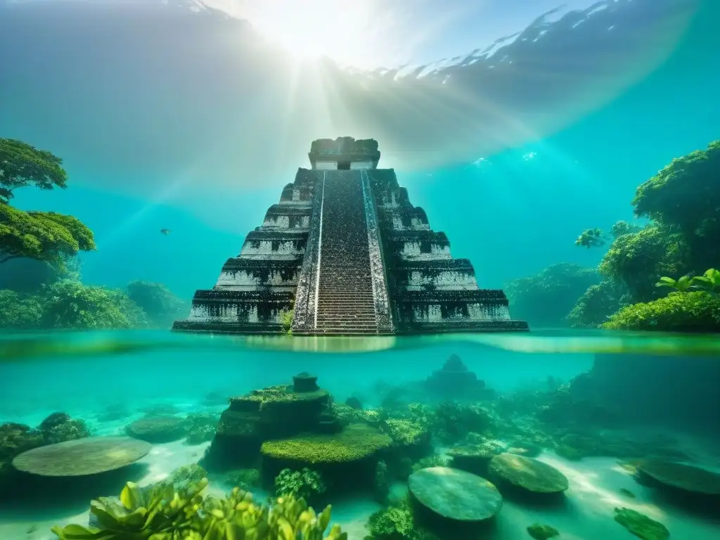 Ruinas mayas sumergidas bajo el agua turquesa, reflejo de la historia y los eventos climáticos extremos en la civilización maya