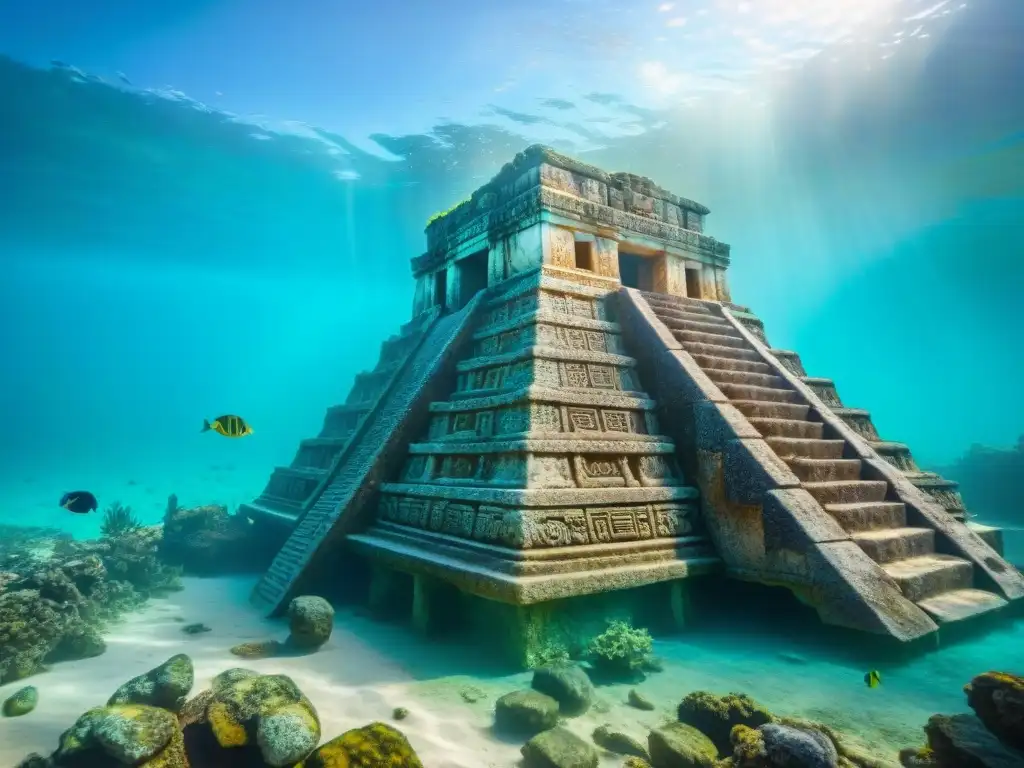 Ruinas mayas sumergidas en aguas turquesas con peces coloridos