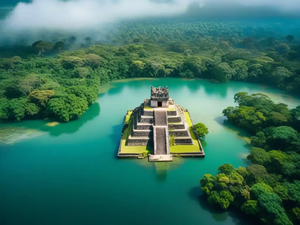 Ruinas mayas sumergidas por el cambio climático, rodeadas de vegetación exuberante