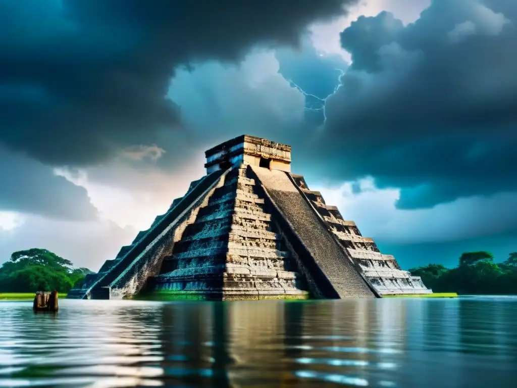 Ruinas mayas sumergidas por inundación en tormenta, ilustrando la vulnerabilidad ante eventos climáticos extremos en la historia maya