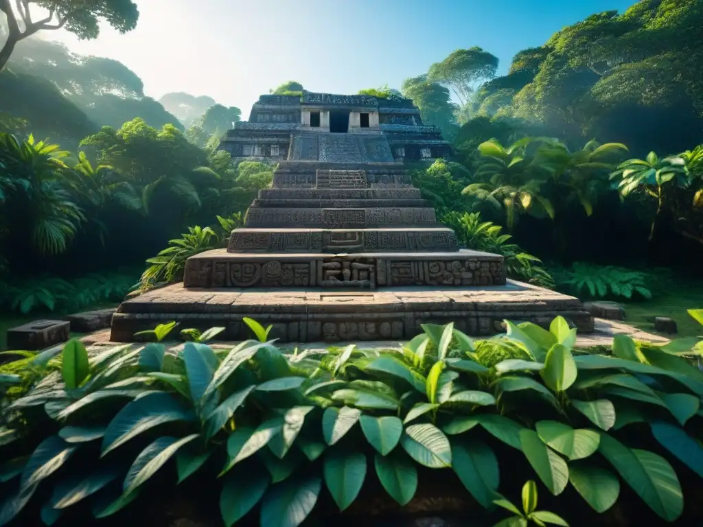 Ruinas mayas con tallados en piedra rodeadas de vegetación exuberante bajo cielo azul