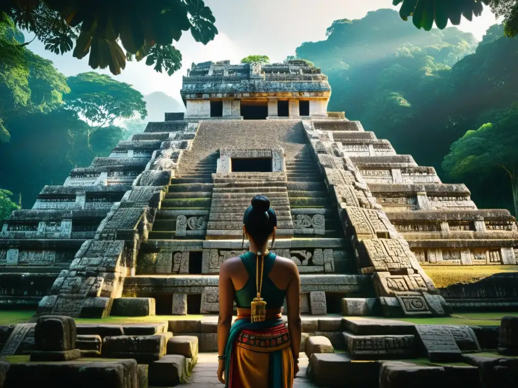 Explora las ruinas mayas en el Templo de las Inscripciones, con sus intrincadas piedras y la luz del sol filtrándose a través de la selva