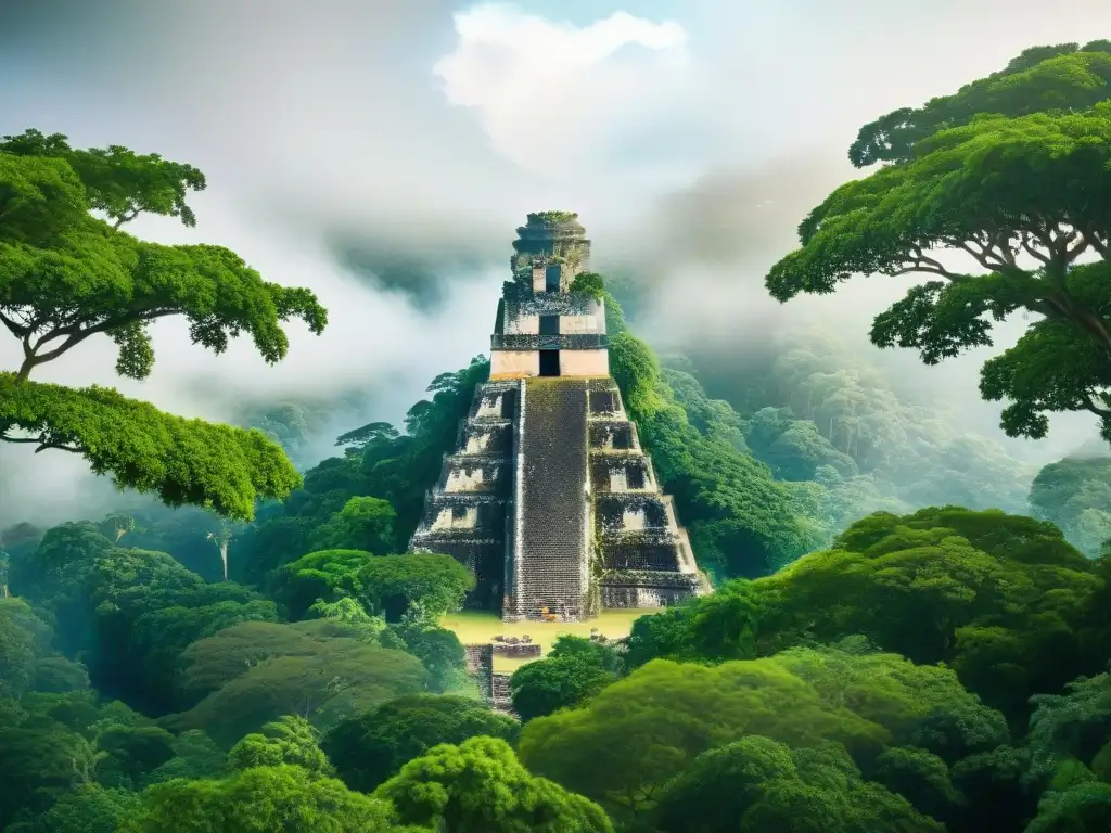 Ruinas ancestrales de Tikal: la lucha entre la civilización y la naturaleza Ruinas mayas de Tikal absorbidas por la exuberante selva, mostrando la influencia del medio ambiente en el ocaso maya