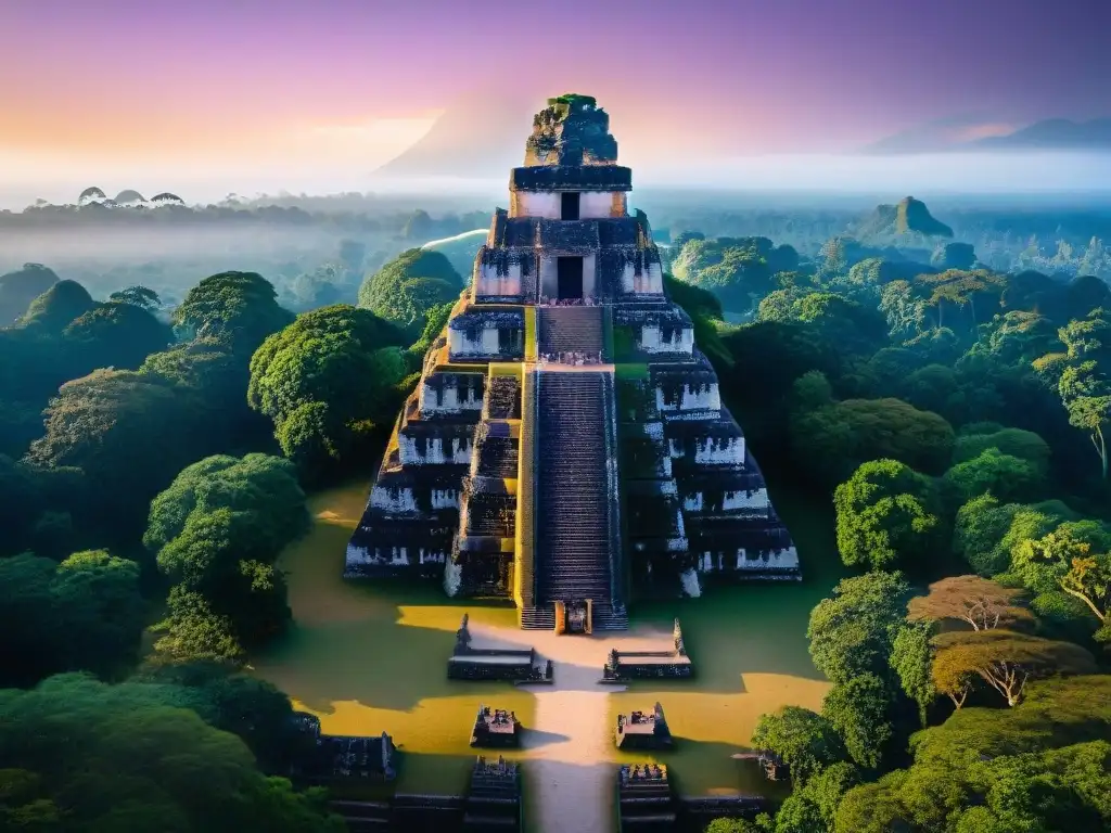 Ruinas mayas de Tikal al atardecer, con tallados iluminados por el sol, y la jungla proyectando sombras sobre los templos