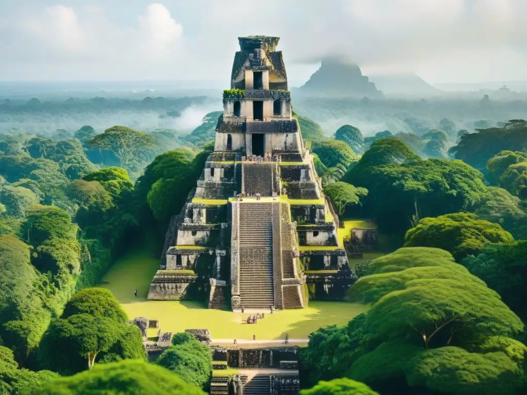 Ruinas mayas de Tikal entre la exuberante jungla, con detalles arquitectónicos y jeroglíficos