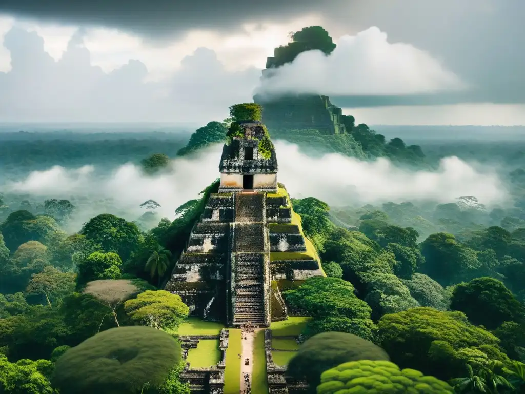 Ruinas mayas de Tikal entre selva verde y cielo tormentoso, revelando la grandiosidad y misterio de este destino maya