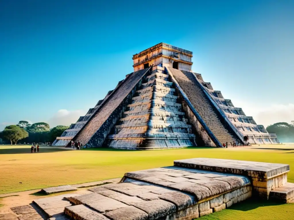 Ruinas mayas turismo cultura: Imagen detallada del Templo de Kukulcán en Chichén Itzá, con grabados en piedra y exuberante vegetación bajo cielo azul