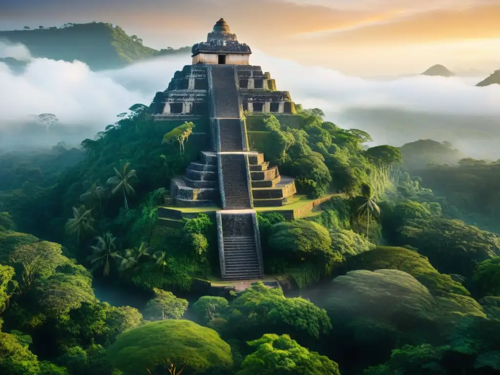 Explora las ruinas mayas turismo cultura en El Mirador al amanecer, pirámides místicas entre la neblina y la selva exuberante