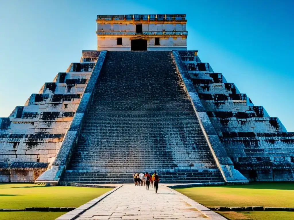 Ruinas mayas turismo cultura: La majestuosa pirámide de Kukulcán en Chichén Itzá, con sombras de serpientes y turistas maravillados