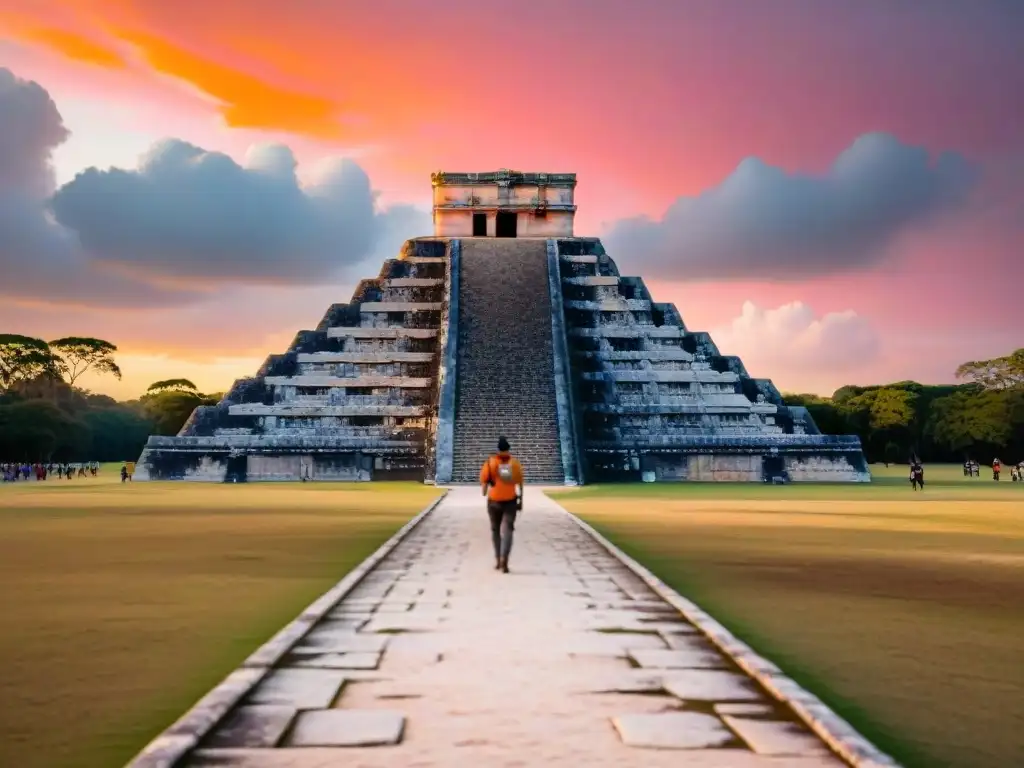 Amanecer sobre ruinas Mayas de Chichen Itza, turistas explorando el sitio y guía turístico