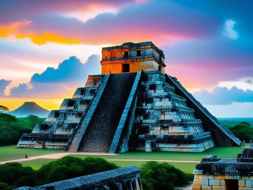 Ruinas Mayas de Uxmal con alineaciones astronómicas y propósito, iluminadas por un vibrante atardecer místico