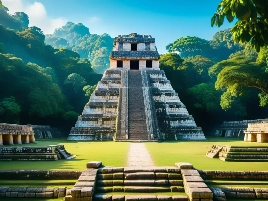 Ruinas místicas del Templo de las Inscripciones en Palenque, rodeadas de exuberante vegetación bajo cielo azul