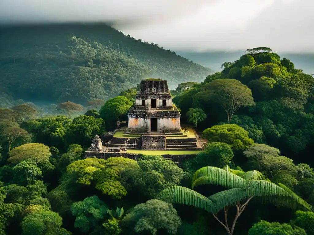 Ruinas del observatorio maya en la exuberante jungla de Guatemala, uniendo tecnologías modernas con antigua sabiduría