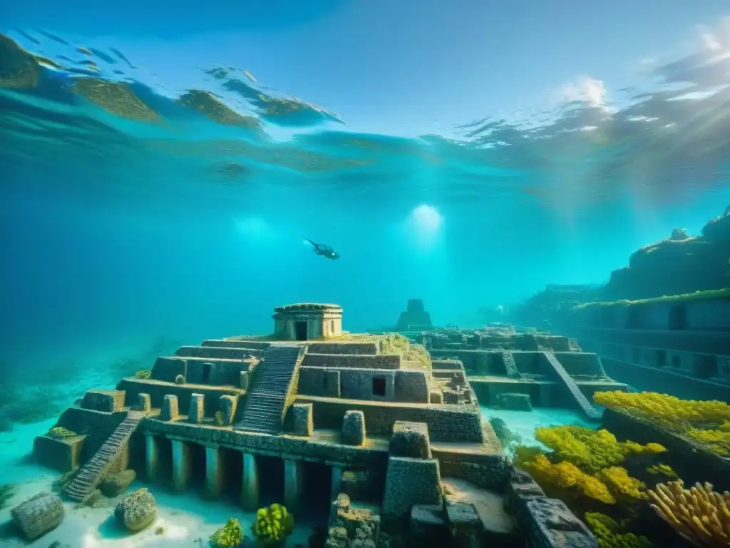 Ruinas sumergidas de una ciudad maya rodeadas de coral y peces coloridos, evocando leyendas ciudades mayas perdidas