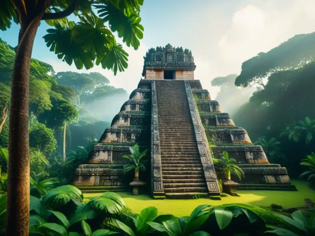 Ruinas de un templo maya antiguo cubierto de vegetación exuberante, con tallas de abejas y panal