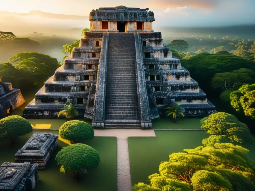 Ruinas del templo maya al atardecer, con detalles intrincados y vegetación exuberante