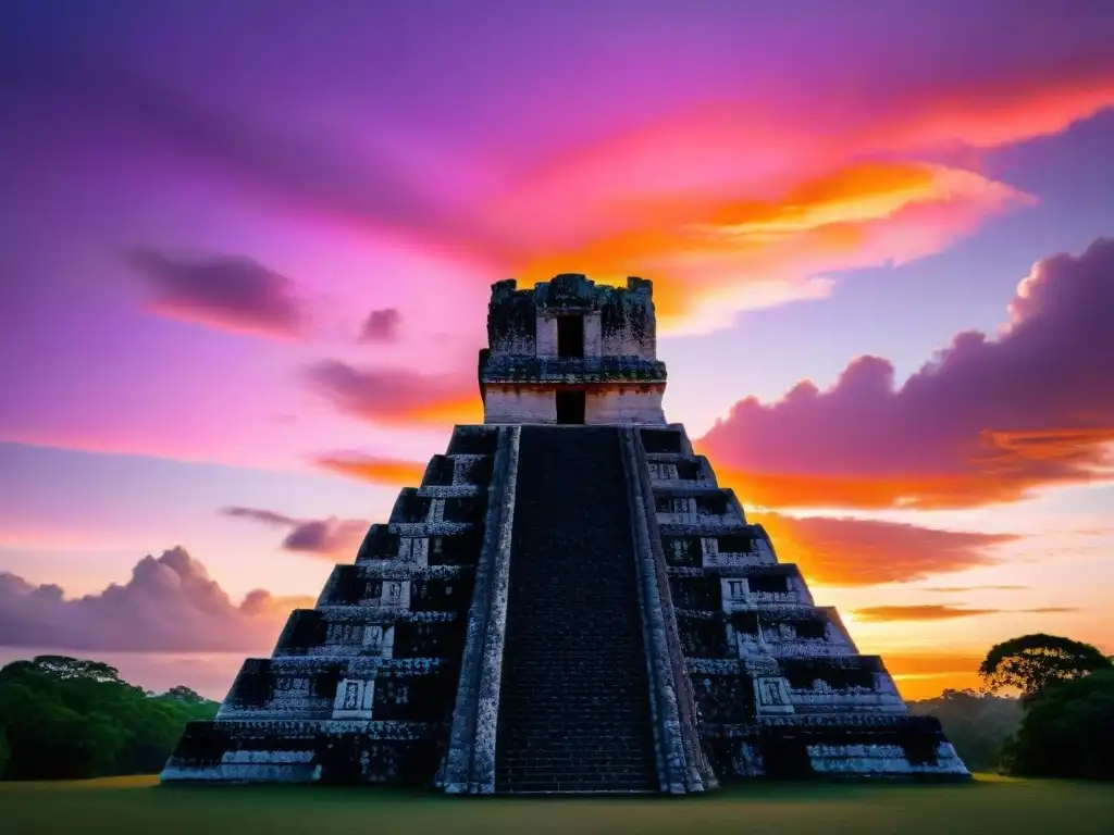 Ruinas de templo maya ante un cielo anaranjado y púrpura, con tallados de eventos celestiales calendario maya iluminados por la luz del atardecer