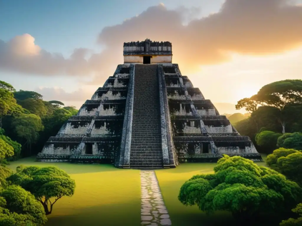 Ruinas de un templo maya cubierto de vegetación bajo un cielo dramático al atardecer, reflejando la caída de la civilización maya cronología