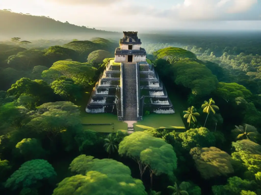 Ruinas de templo maya emergiendo de exuberante selva, resaltando tecnología contra saqueo tumbas mayas