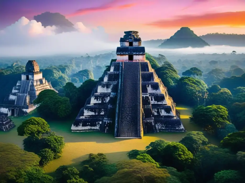 Ruinas de Tikal al atardecer, mostrando la majestuosidad de las pirámides mayas silueteadas en un cielo vibrante